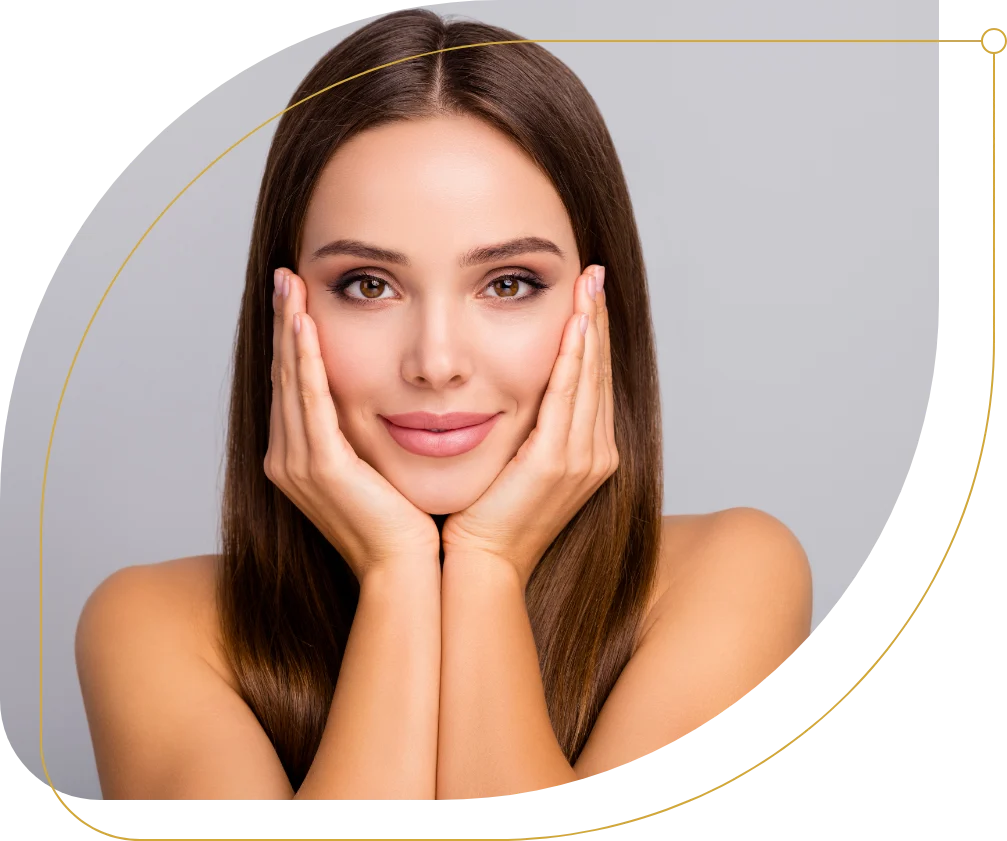 Woman with smooth, youthful skin touching her cheeks, Xeomin treatment