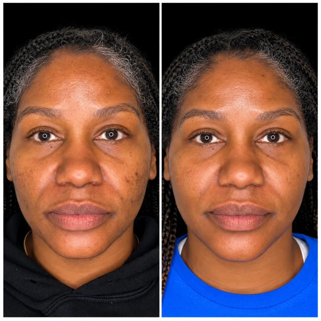 Laser facial before and after for hyperpigmentation and rosacea, result 2, at Zen Aesthetics Spa in Morristown, NJ