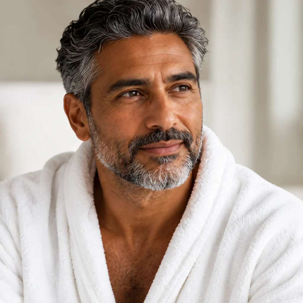 Man with salt-and-pepper hair and beard in a white spa robe, men's skin care at Zen Aesthetics